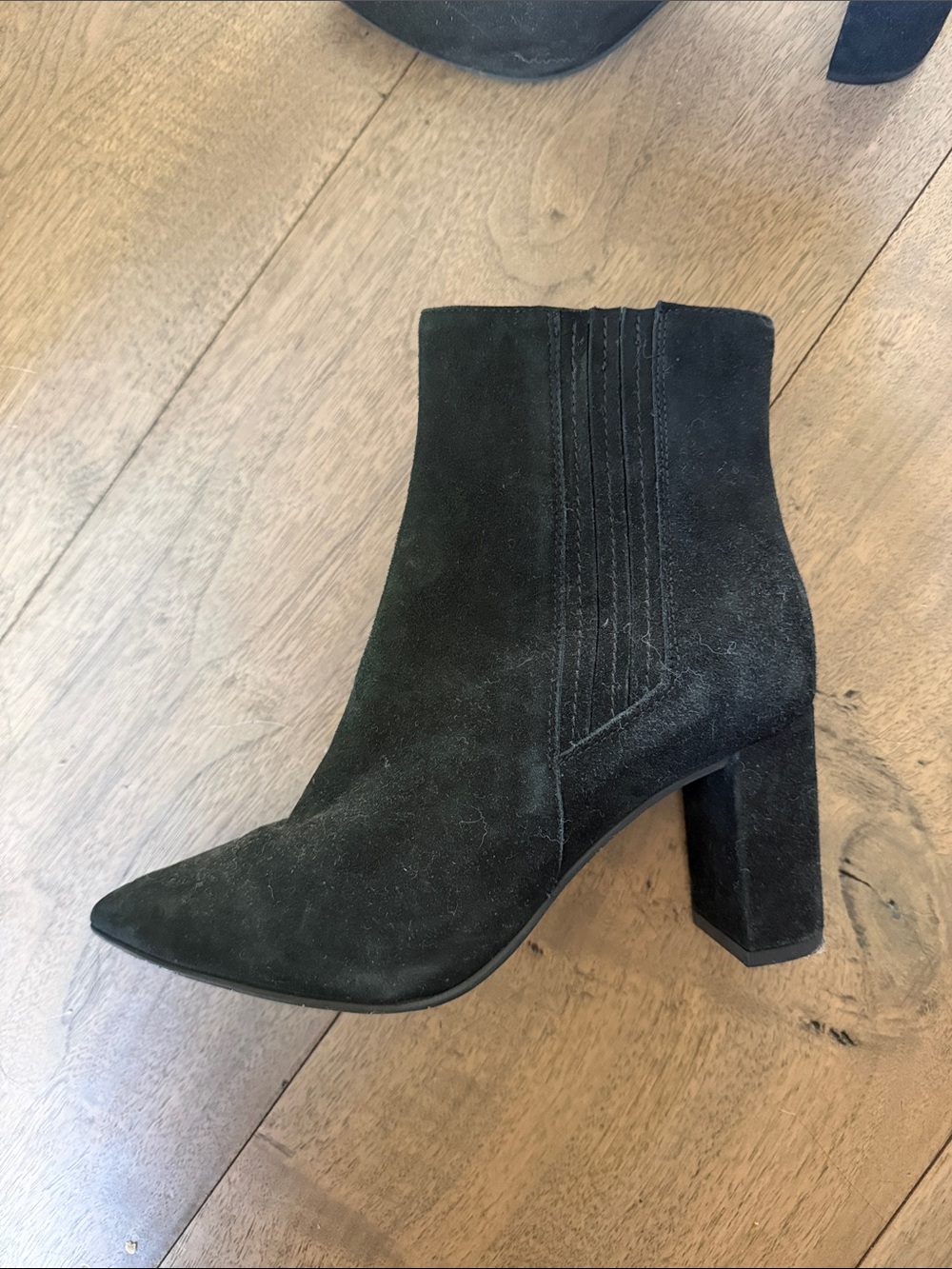 Aquatalia Black Suede Pointed Toe Block Heel Ankle Boots